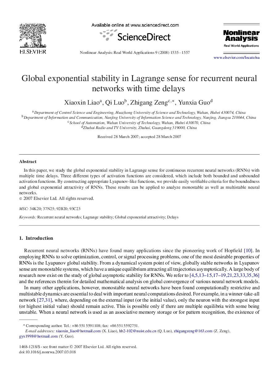 Global exponential stability in Lagrange sense for recurrent neural networks with time delays