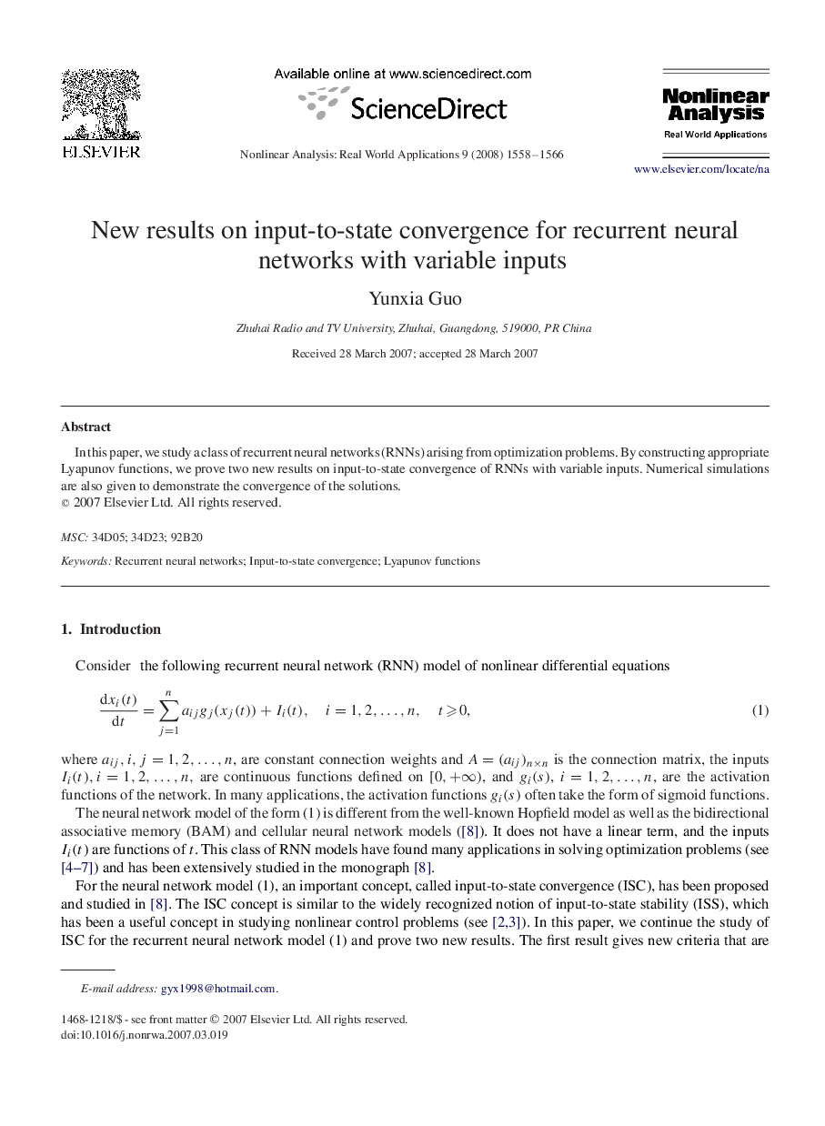 New results on input-to-state convergence for recurrent neural networks with variable inputs