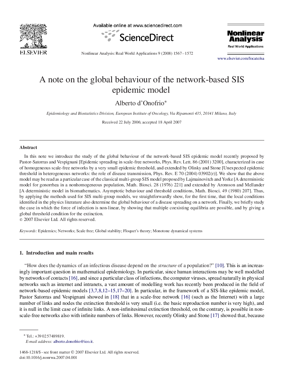 A note on the global behaviour of the network-based SIS epidemic model