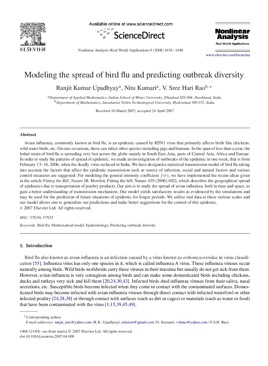 Modeling the spread of bird flu and predicting outbreak diversity