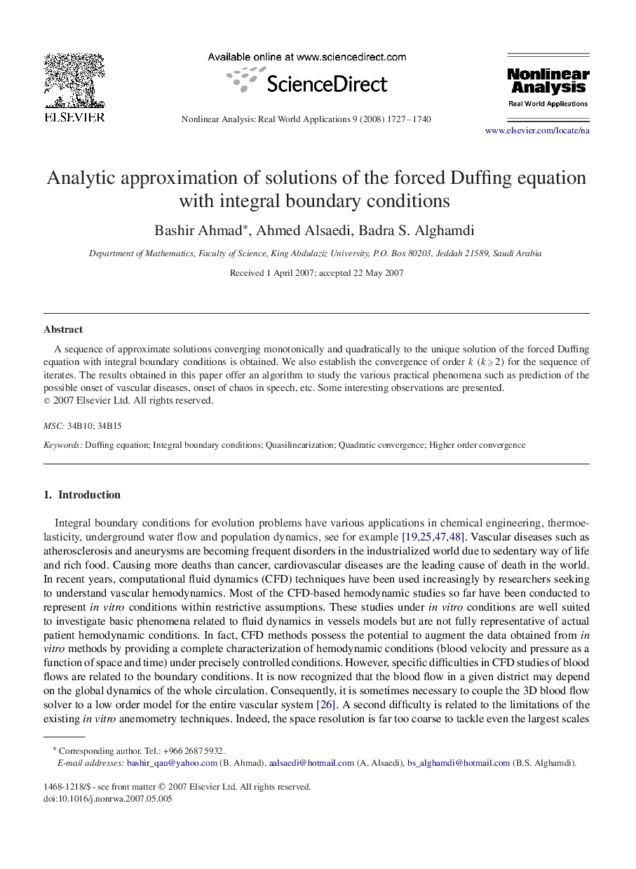 Analytic approximation of solutions of the forced Duffing equation with integral boundary conditions