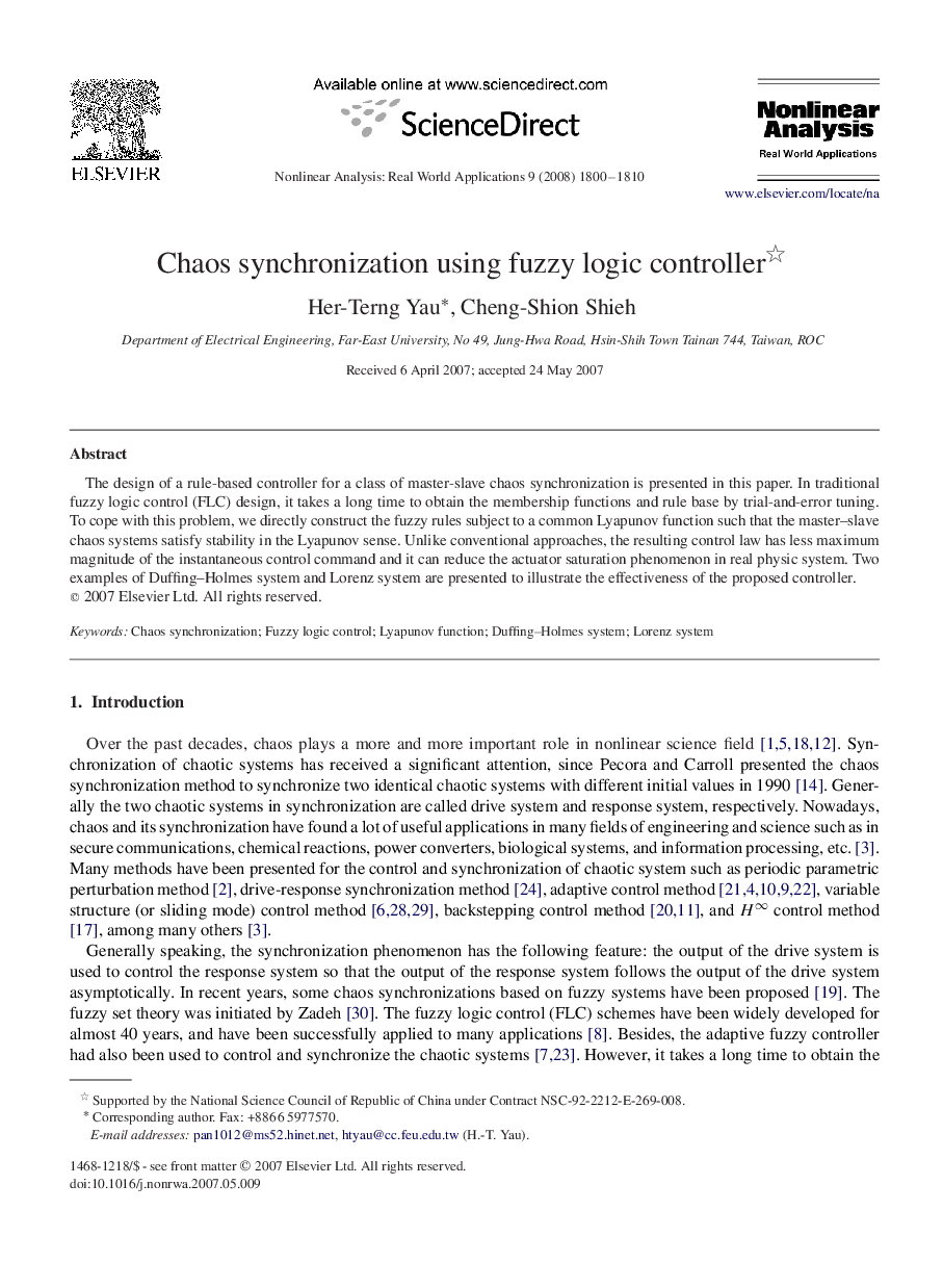 Chaos synchronization using fuzzy logic controller 