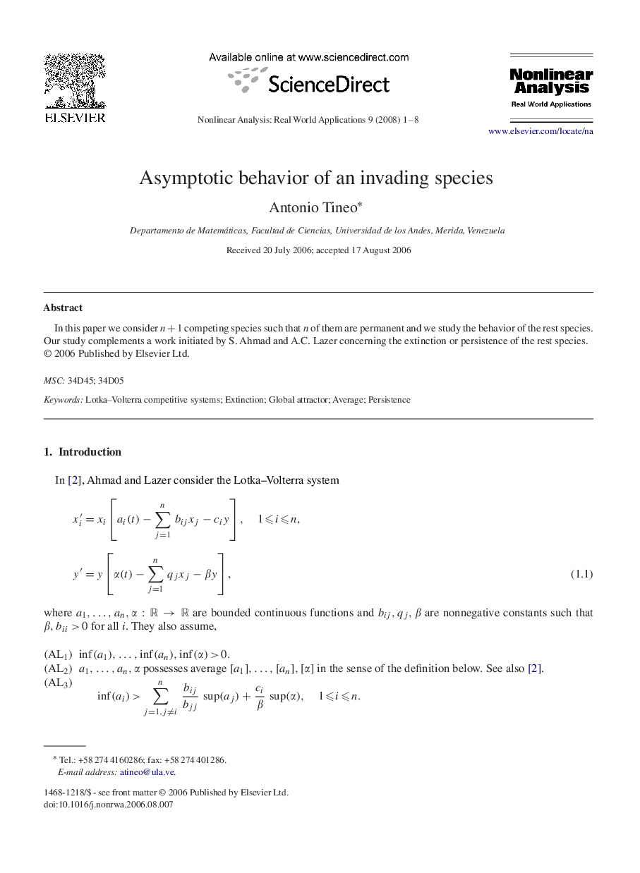 Asymptotic behavior of an invading species