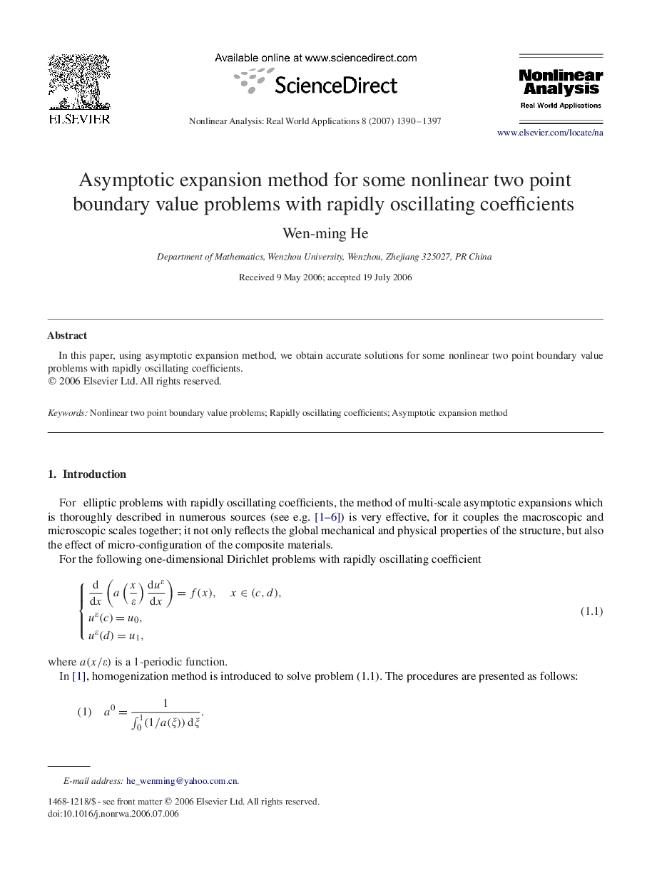 Asymptotic expansion method for some nonlinear two point boundary value problems with rapidly oscillating coefficients