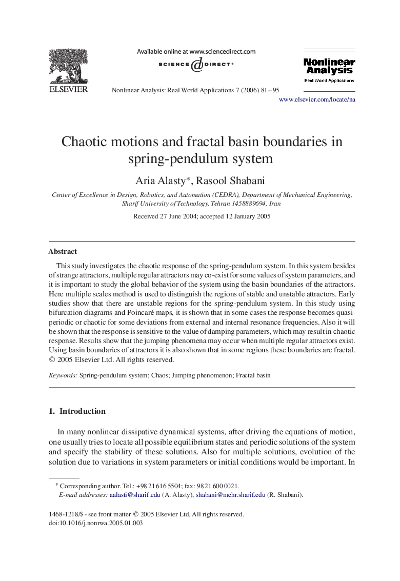 Chaotic motions and fractal basin boundaries in spring-pendulum system