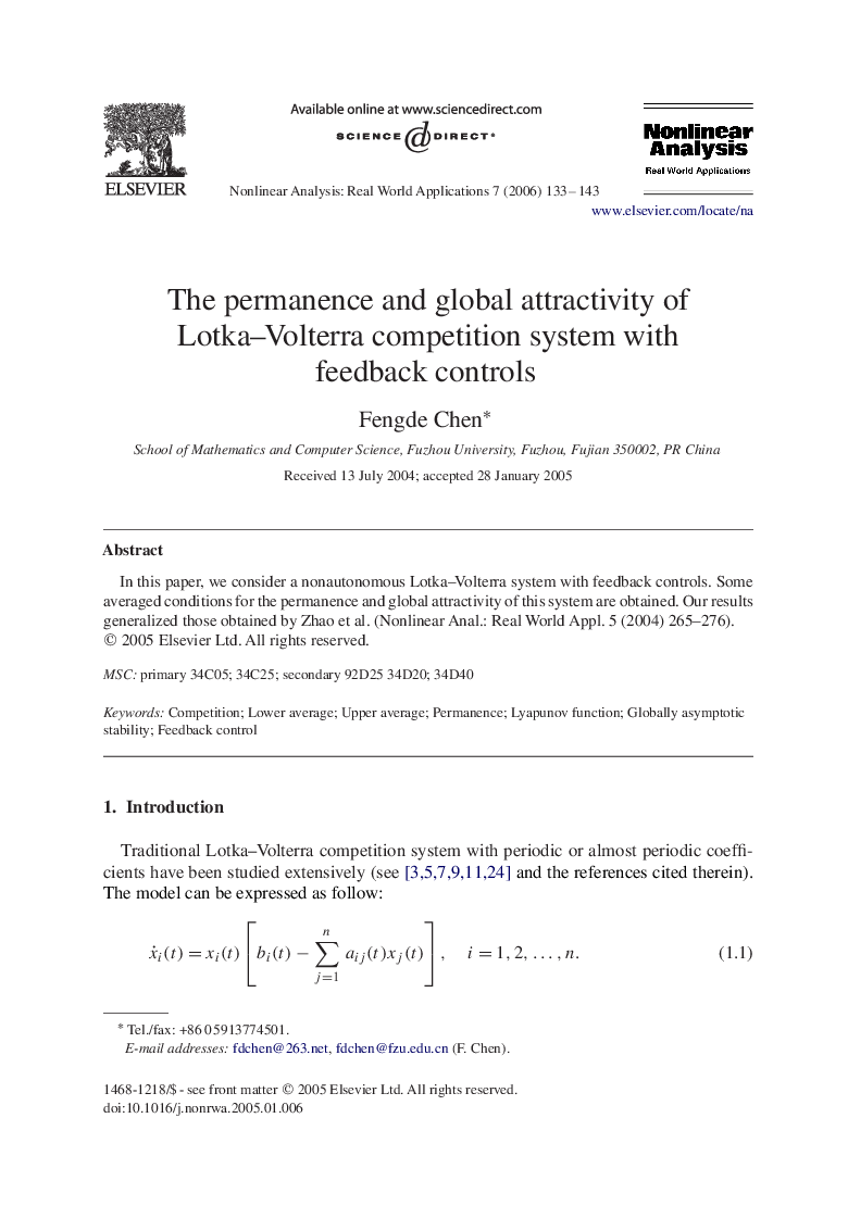 The permanence and global attractivity of Lotka–Volterra competition system with feedback controls