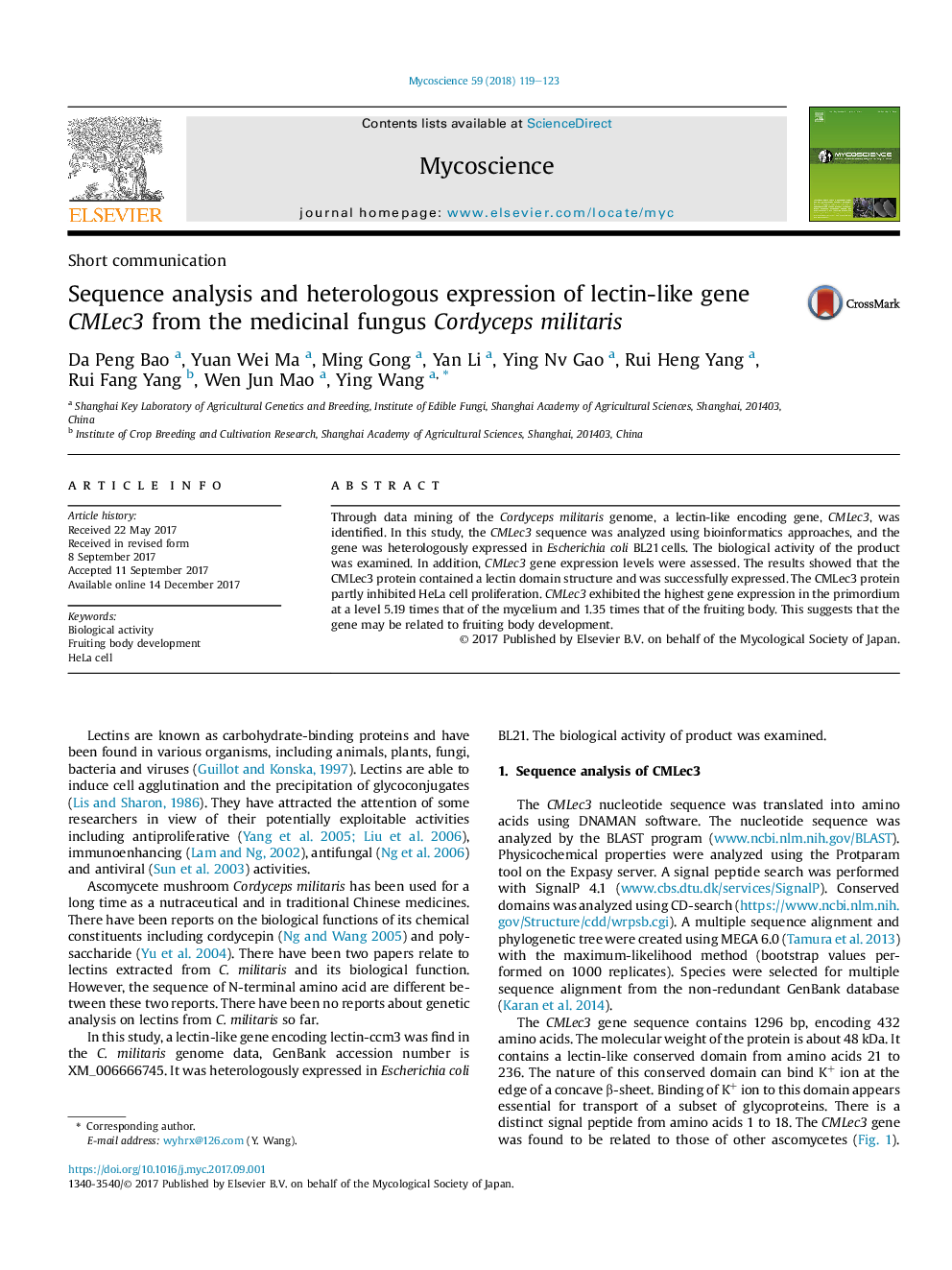 Sequence analysis and heterologous expression of lectin-like gene CMLec3 from the medicinal fungus Cordyceps militaris