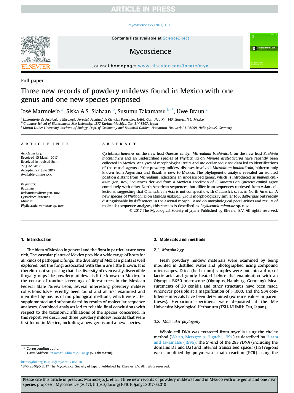 Three new records of powdery mildews found in Mexico with one genus and one new species proposed