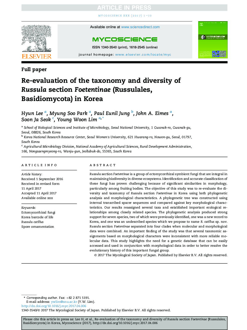 Re-evaluation of the taxonomy and diversity of Russula section Foetentinae (Russulales, Basidiomycota) in Korea