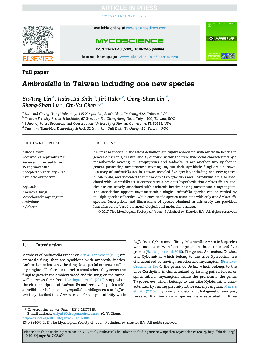 Ambrosiella in Taiwan including one new species