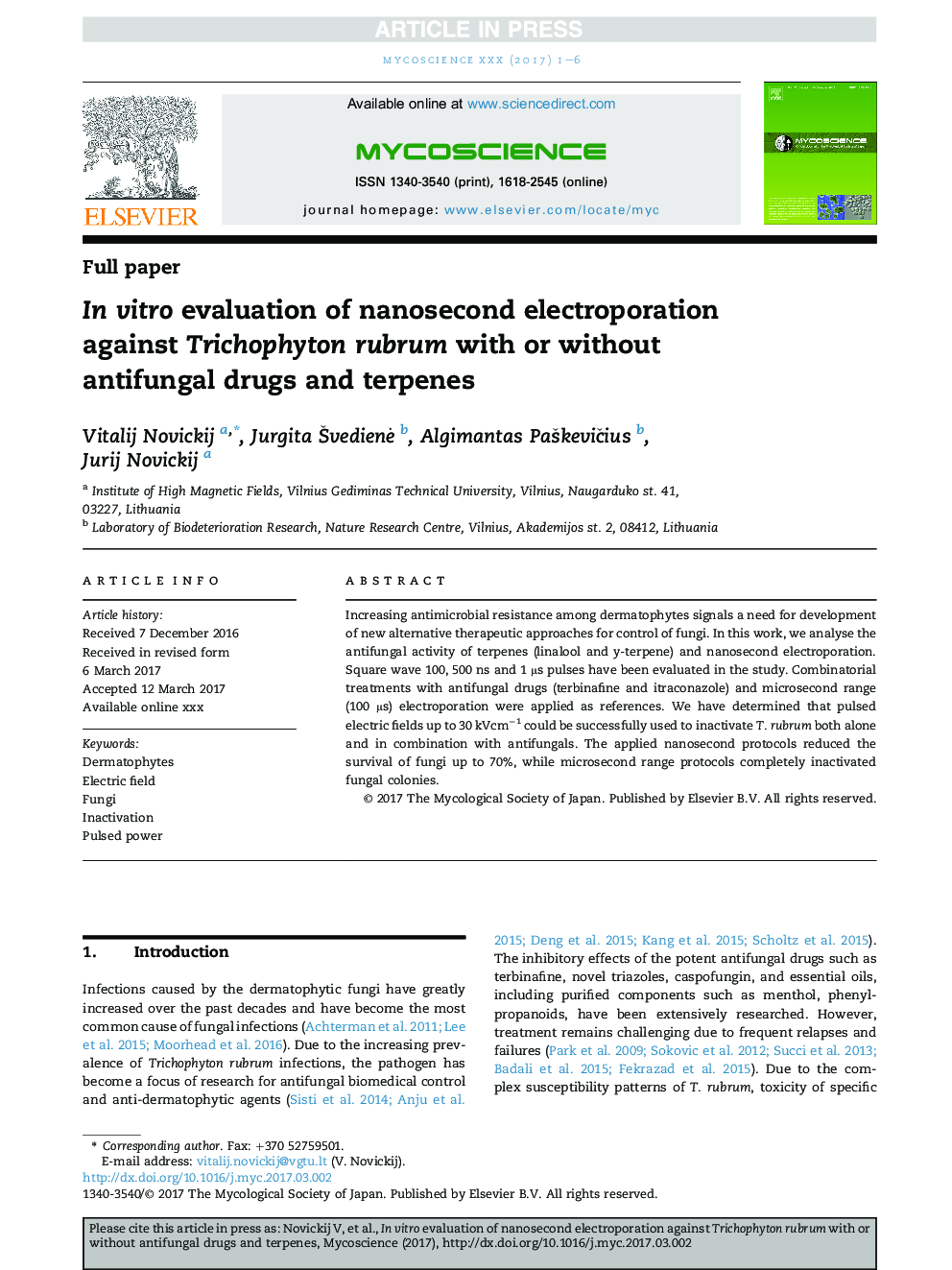 InÂ vitro evaluation of nanosecond electroporation against Trichophyton rubrum with or without antifungal drugs and terpenes