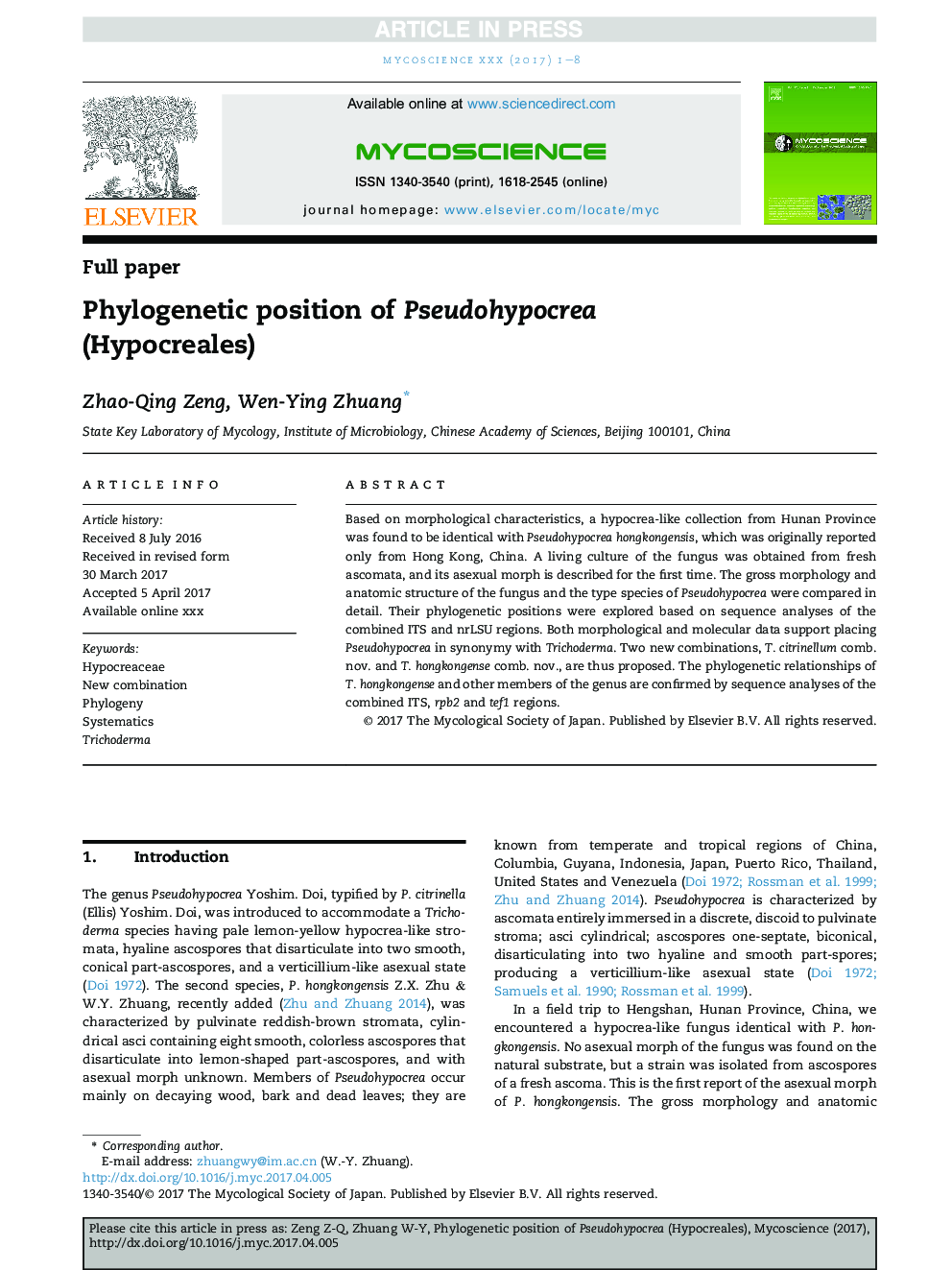 Phylogenetic position of Pseudohypocrea (Hypocreales)