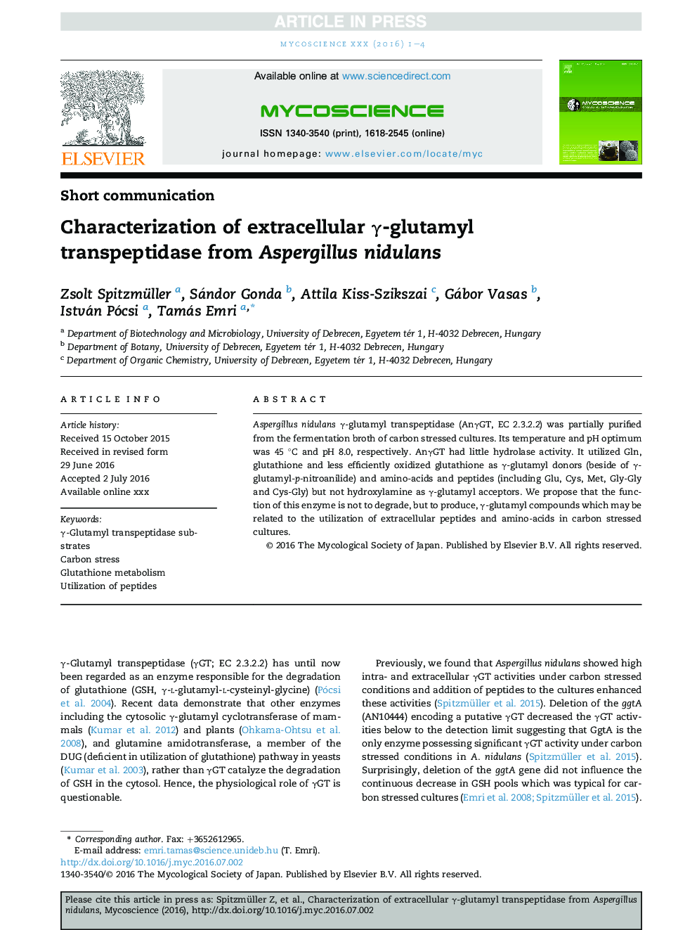 Characterization of extracellular Î³-glutamyl transpeptidase from Aspergillus nidulans