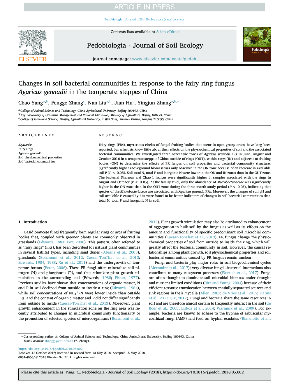 Changes in soil bacterial communities in response to the fairy ring fungus Agaricus gennadii in the temperate steppes of China