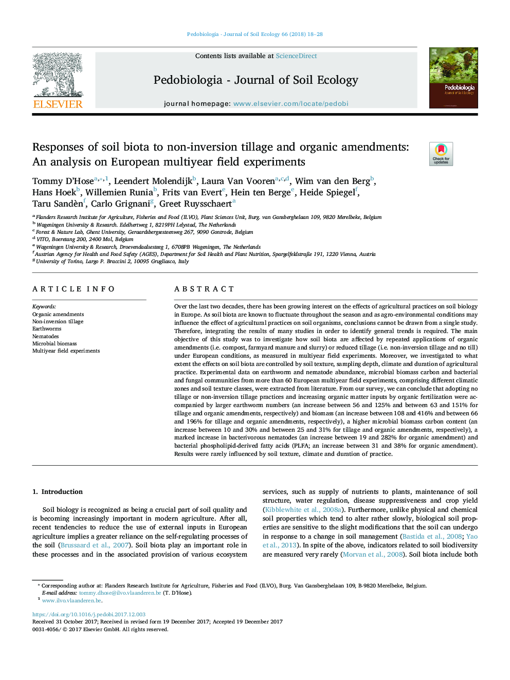 Responses of soil biota to non-inversion tillage and organic amendments: An analysis on European multiyear field experiments