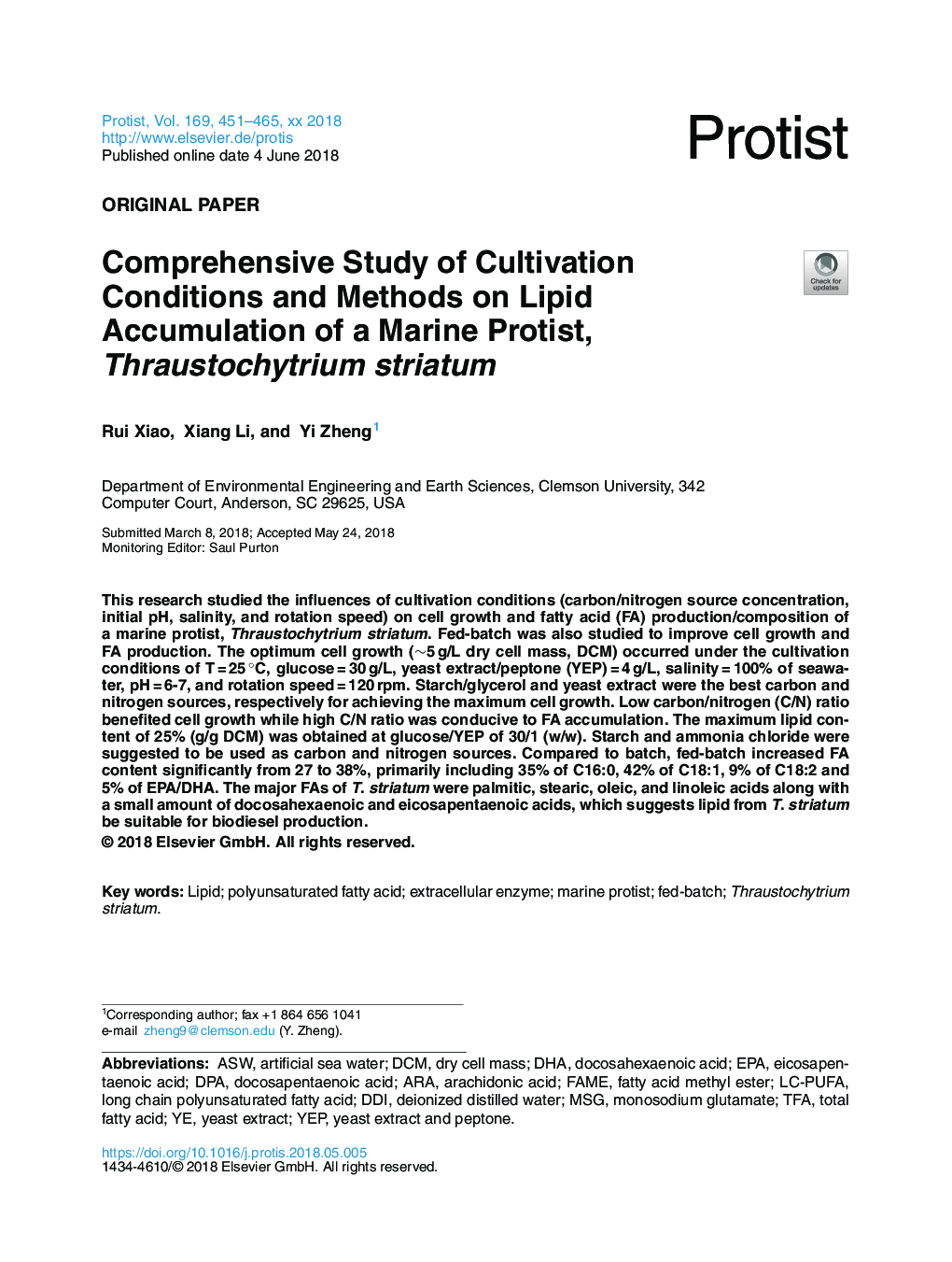 Comprehensive Study of Cultivation Conditions and Methods on Lipid Accumulation of a Marine Protist, Thraustochytrium striatum
