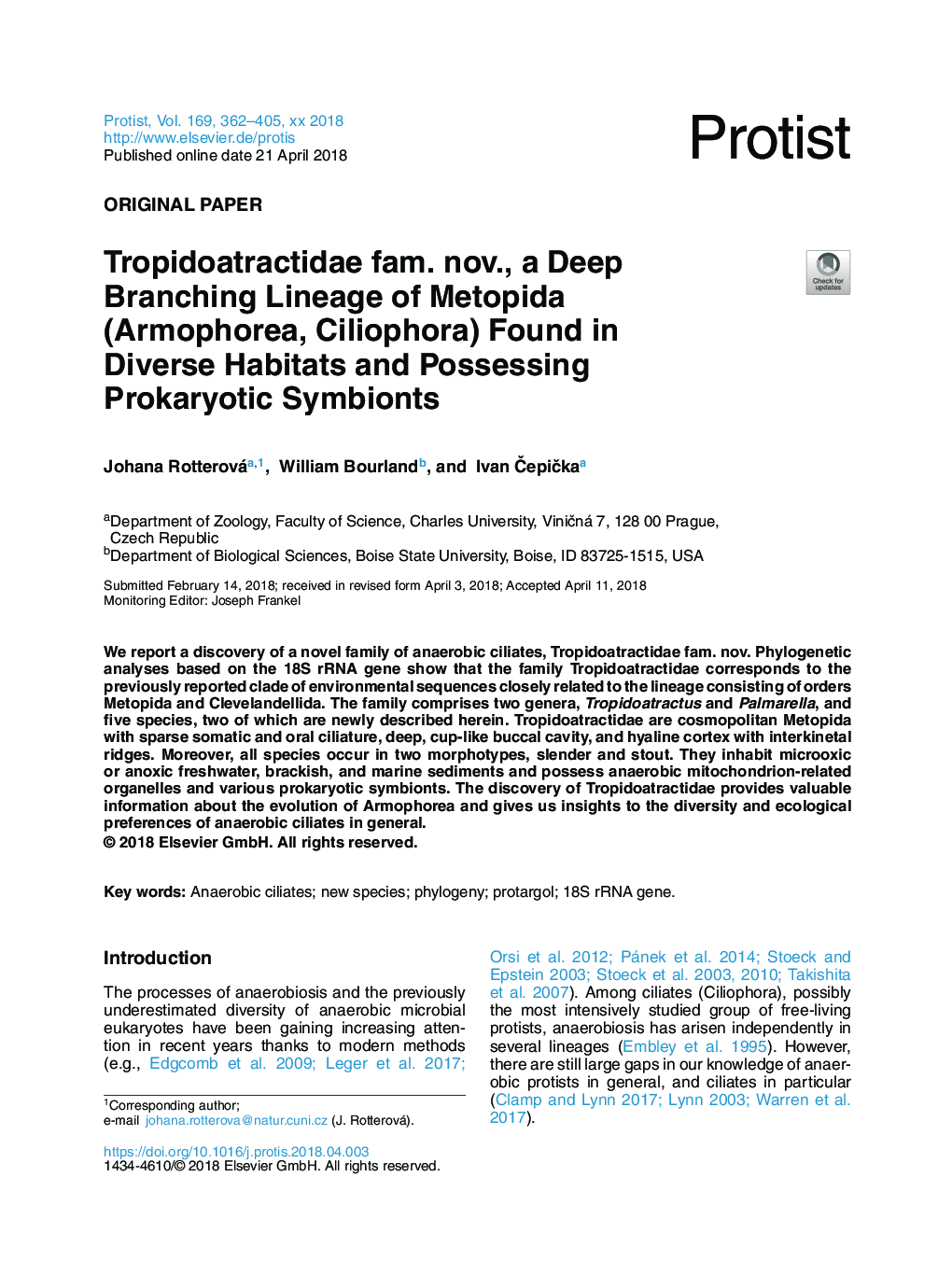 Tropidoatractidae fam. nov., a Deep Branching Lineage of Metopida (Armophorea, Ciliophora) Found in Diverse Habitats and Possessing Prokaryotic Symbionts