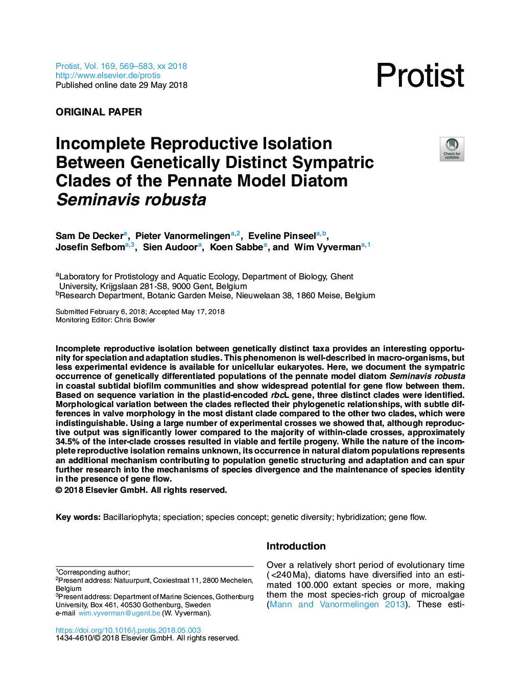 Incomplete Reproductive Isolation Between Genetically Distinct Sympatric Clades of the Pennate Model Diatom Seminavis robusta