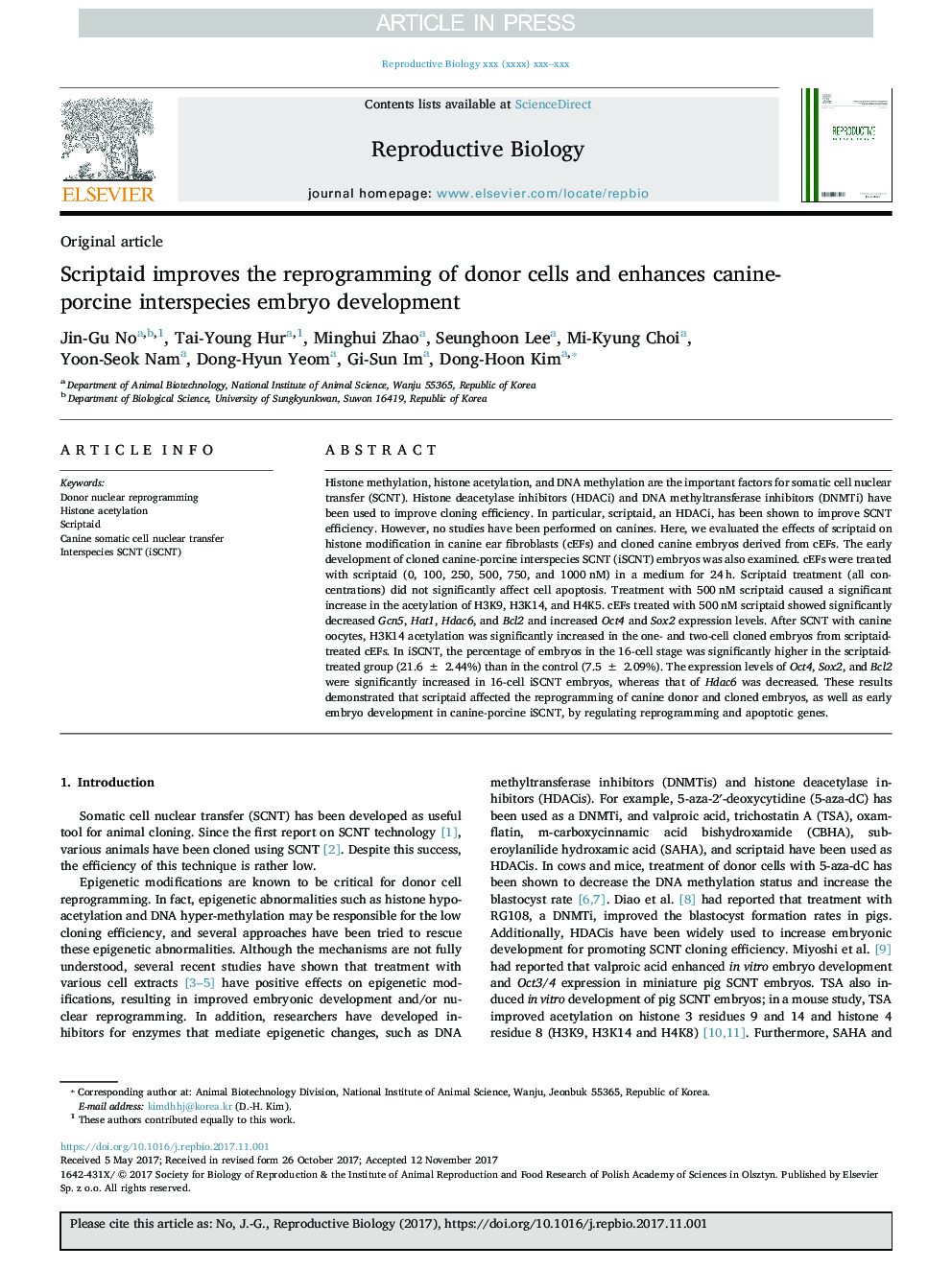 Scriptaid improves the reprogramming of donor cells and enhances canine-porcine interspecies embryo development