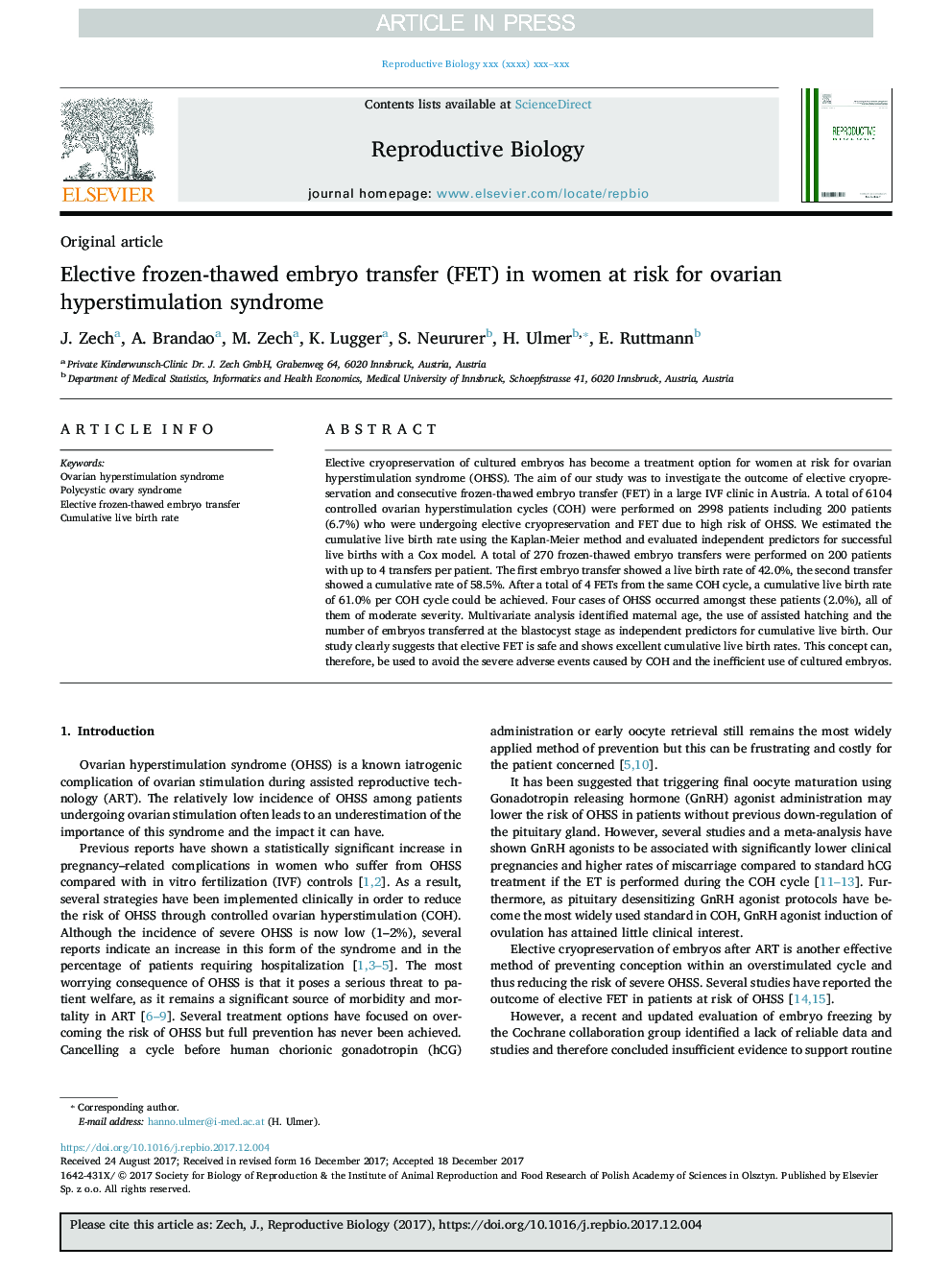 Elective frozen-thawed embryo transfer (FET) in women at risk for ovarian hyperstimulation syndrome