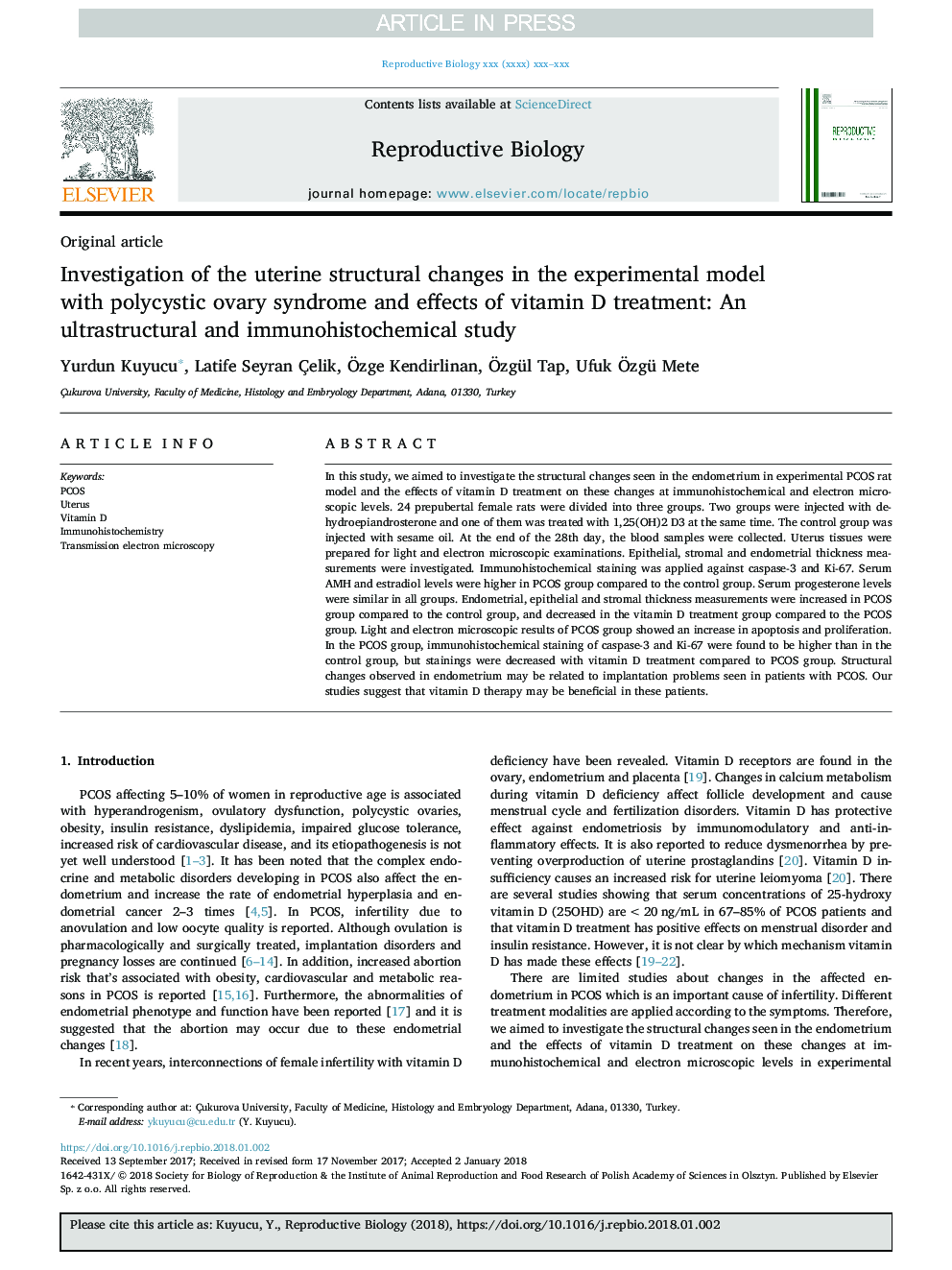 Investigation of the uterine structural changes in the experimental model with polycystic ovary syndrome and effects of vitamin D treatment: An ultrastructural and immunohistochemical study