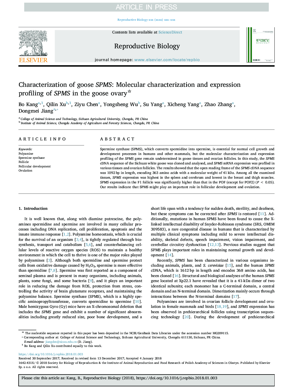 Characterization of goose SPMS: Molecular characterization and expression profiling of SPMS in the goose ovary