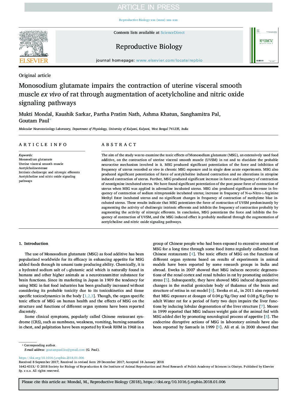 Monosodium glutamate impairs the contraction of uterine visceral smooth muscle ex vivo of rat through augmentation of acetylcholine and nitric oxide signaling pathways