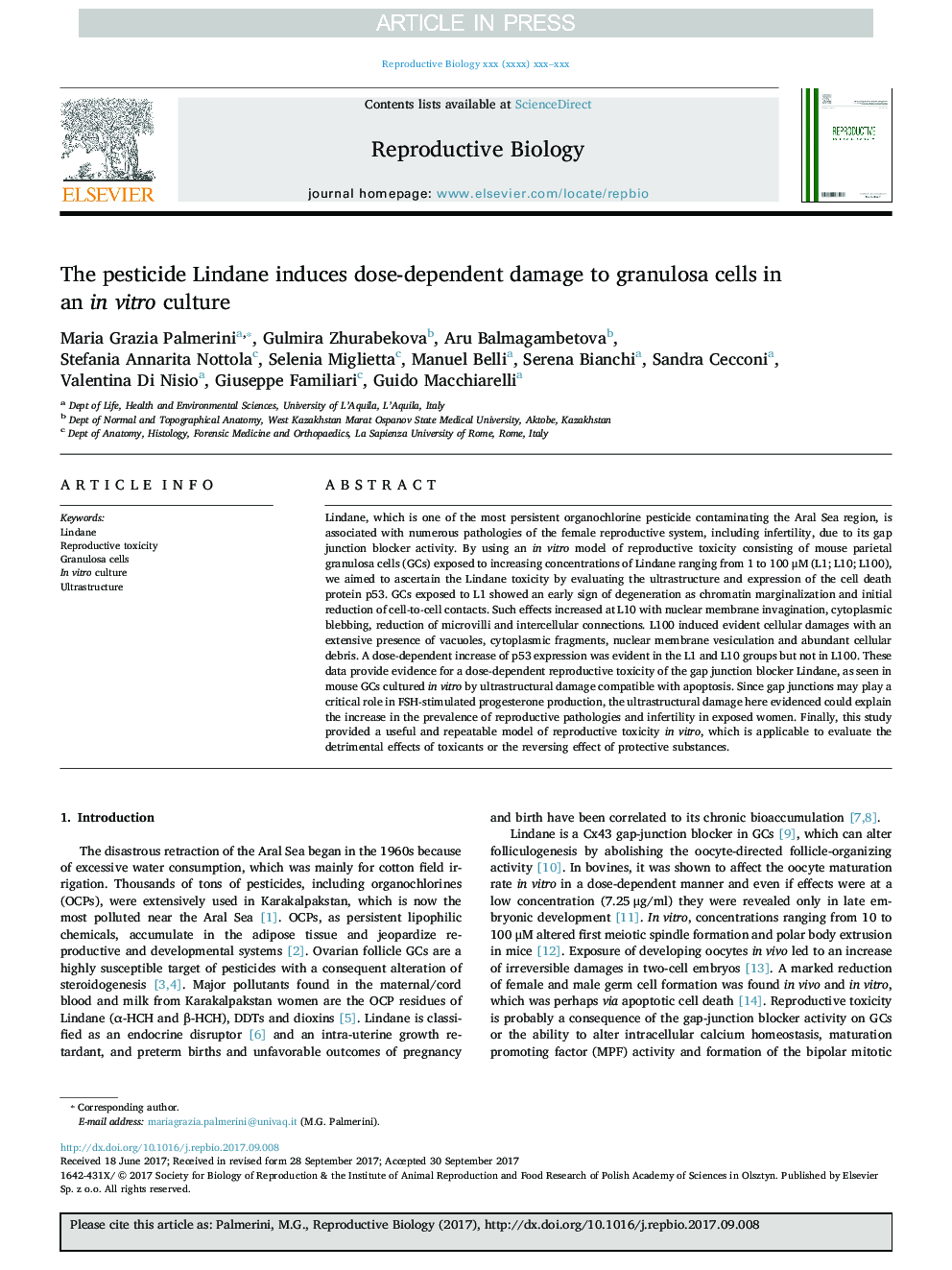 The pesticide Lindane induces dose-dependent damage to granulosa cells in an in vitro culture