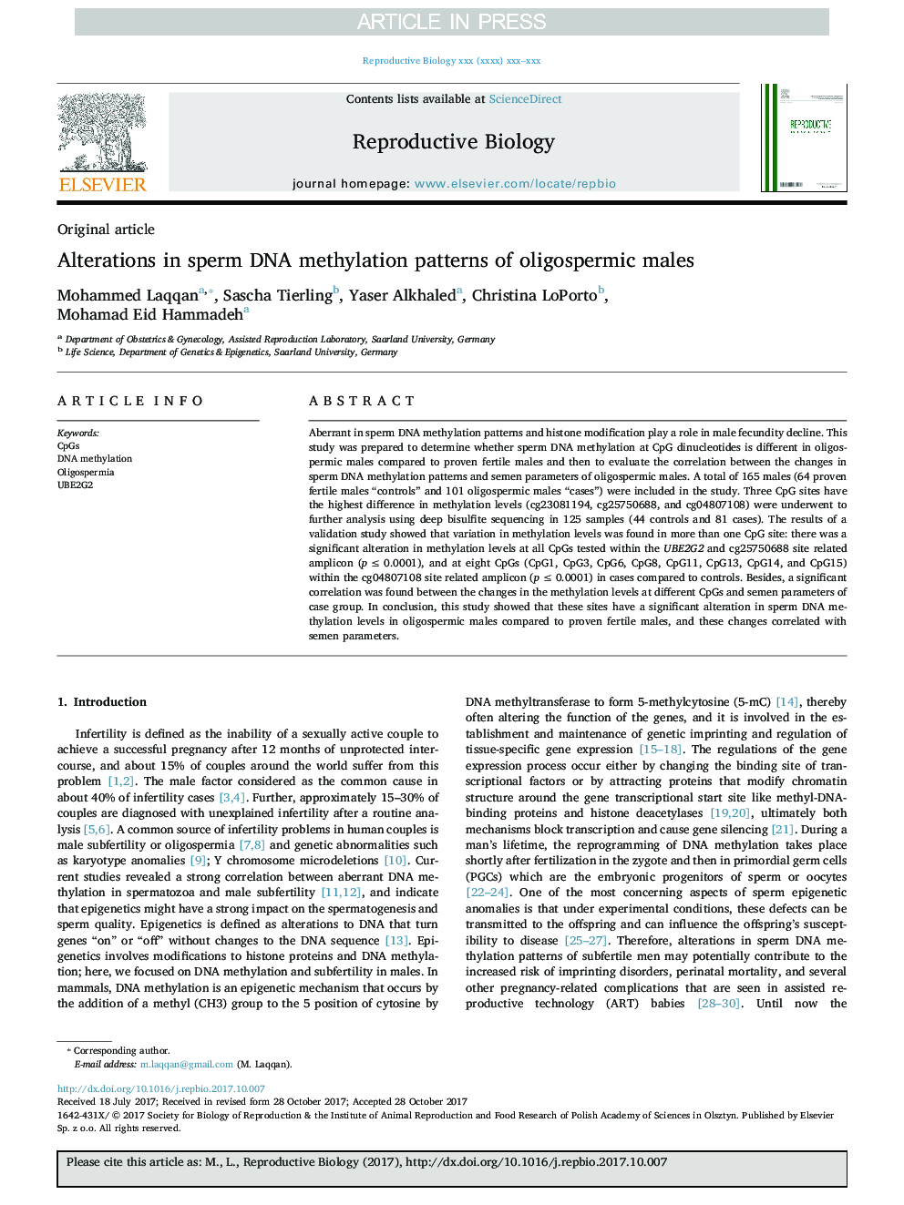 Alterations in sperm DNA methylation patterns of oligospermic males