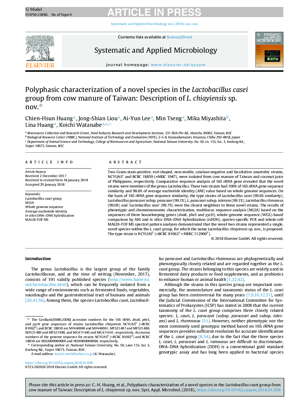 Polyphasic characterization of a novel species in the Lactobacillus casei group from cow manure of Taiwan: Description of L. chiayiensis sp. nov.