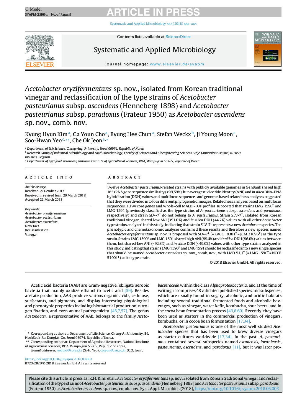 Acetobacter oryzifermentans sp. nov., isolated from Korean traditional vinegar and reclassification of the type strains of Acetobacter pasteurianus subsp. ascendens (Henneberg 1898) and Acetobacter pasteurianus subsp. paradoxus (Frateur 1950) as Acetobact