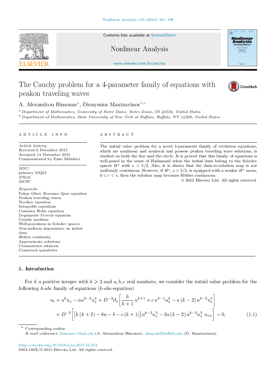 The Cauchy problem for a 4-parameter family of equations with peakon traveling waves