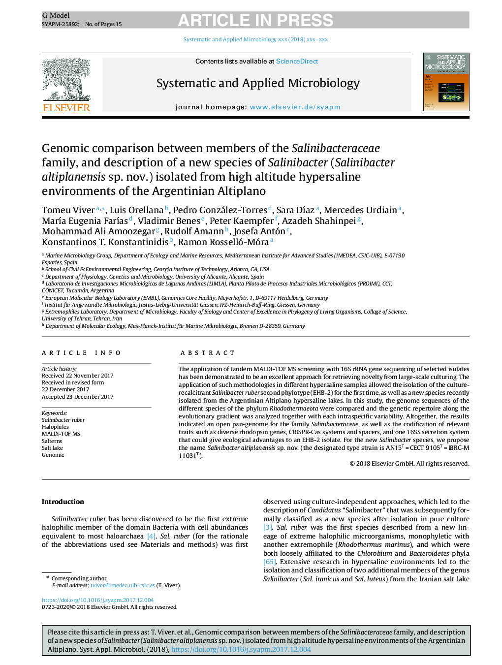 Genomic comparison between members of the Salinibacteraceae family, and description of a new species of Salinibacter (Salinibacter altiplanensis sp. nov.) isolated from high altitude hypersaline environments of the Argentinian Altiplano