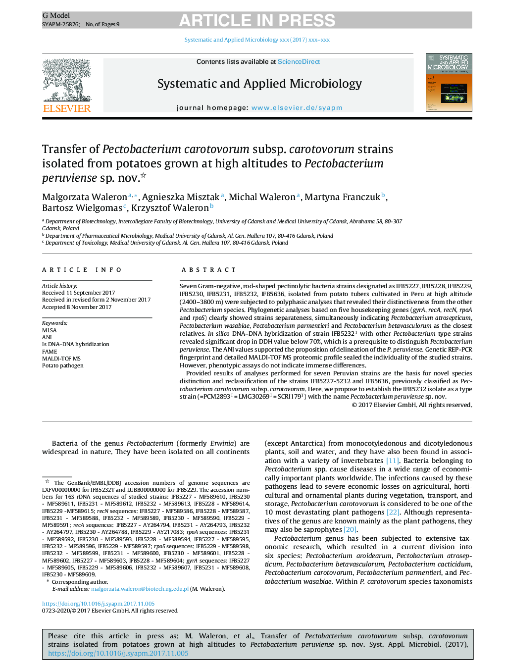 Transfer of Pectobacterium carotovorum subsp. carotovorum strains isolated from potatoes grown at high altitudes to Pectobacterium peruviense sp. nov.