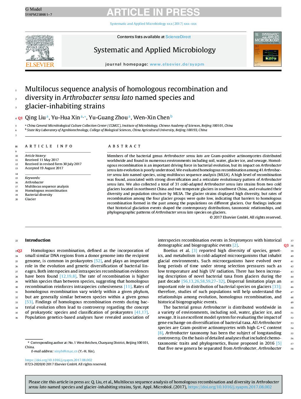 Multilocus sequence analysis of homologous recombination and diversity in Arthrobacter sensu lato named species and glacier-inhabiting strains