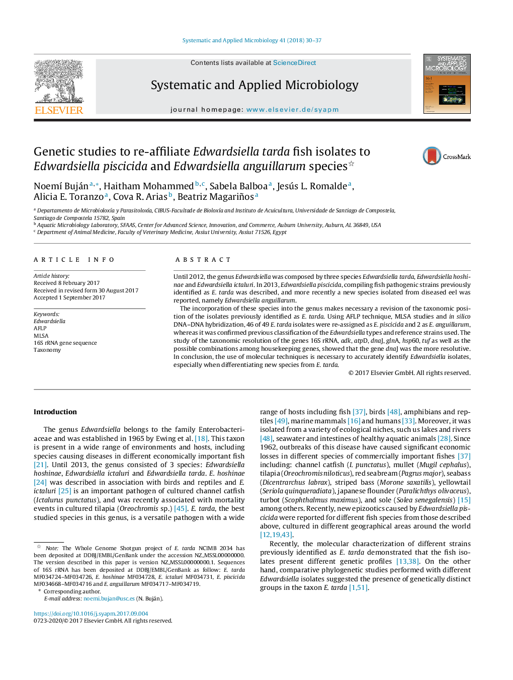 Genetic studies to re-affiliate Edwardsiella tarda fish isolates to Edwardsiella piscicida and Edwardsiella anguillarum species