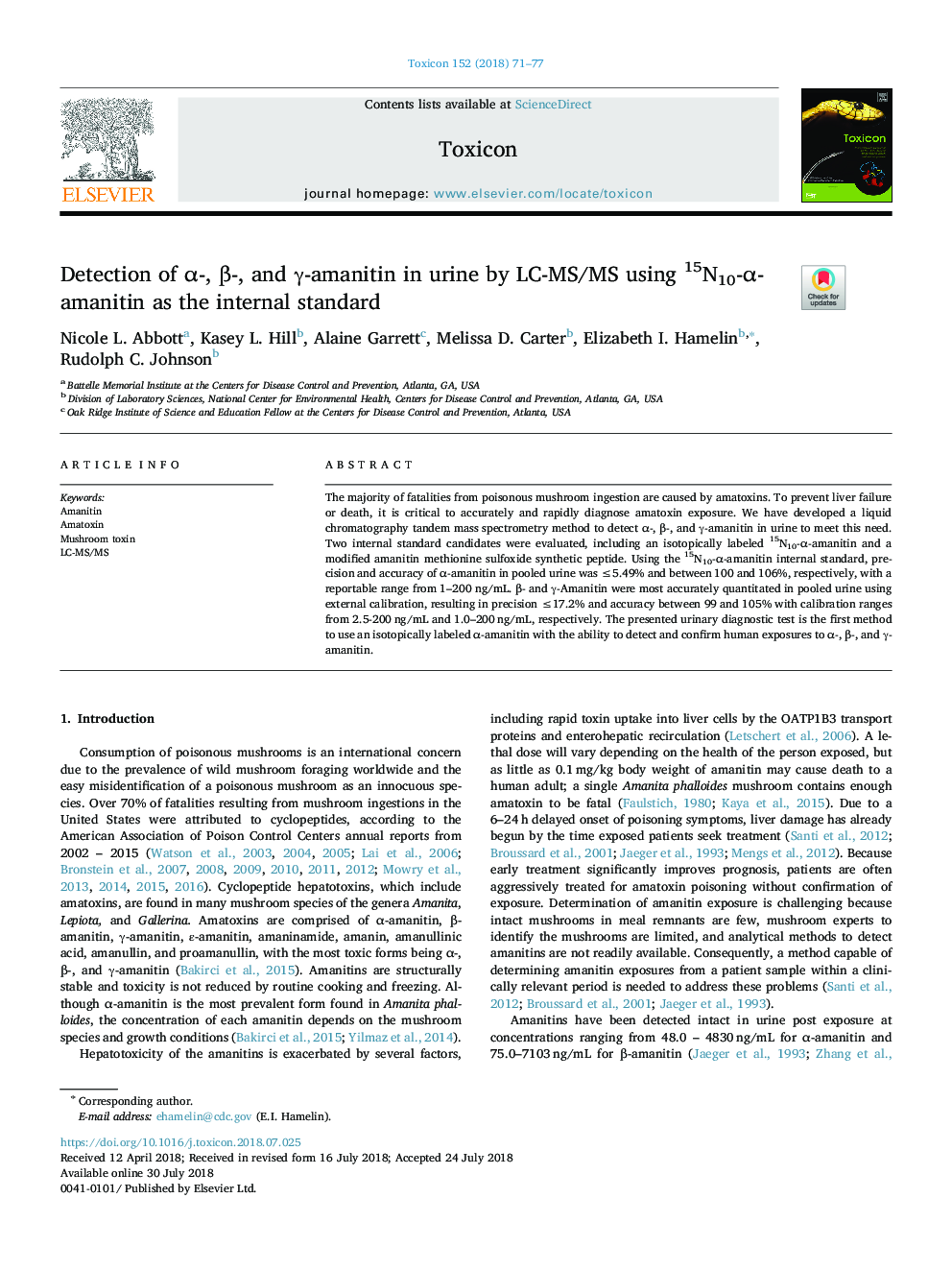 Detection of Î±-, Î²-, and Î³-amanitin in urine by LC-MS/MS using 15N10-Î±-amanitin as the internal standard