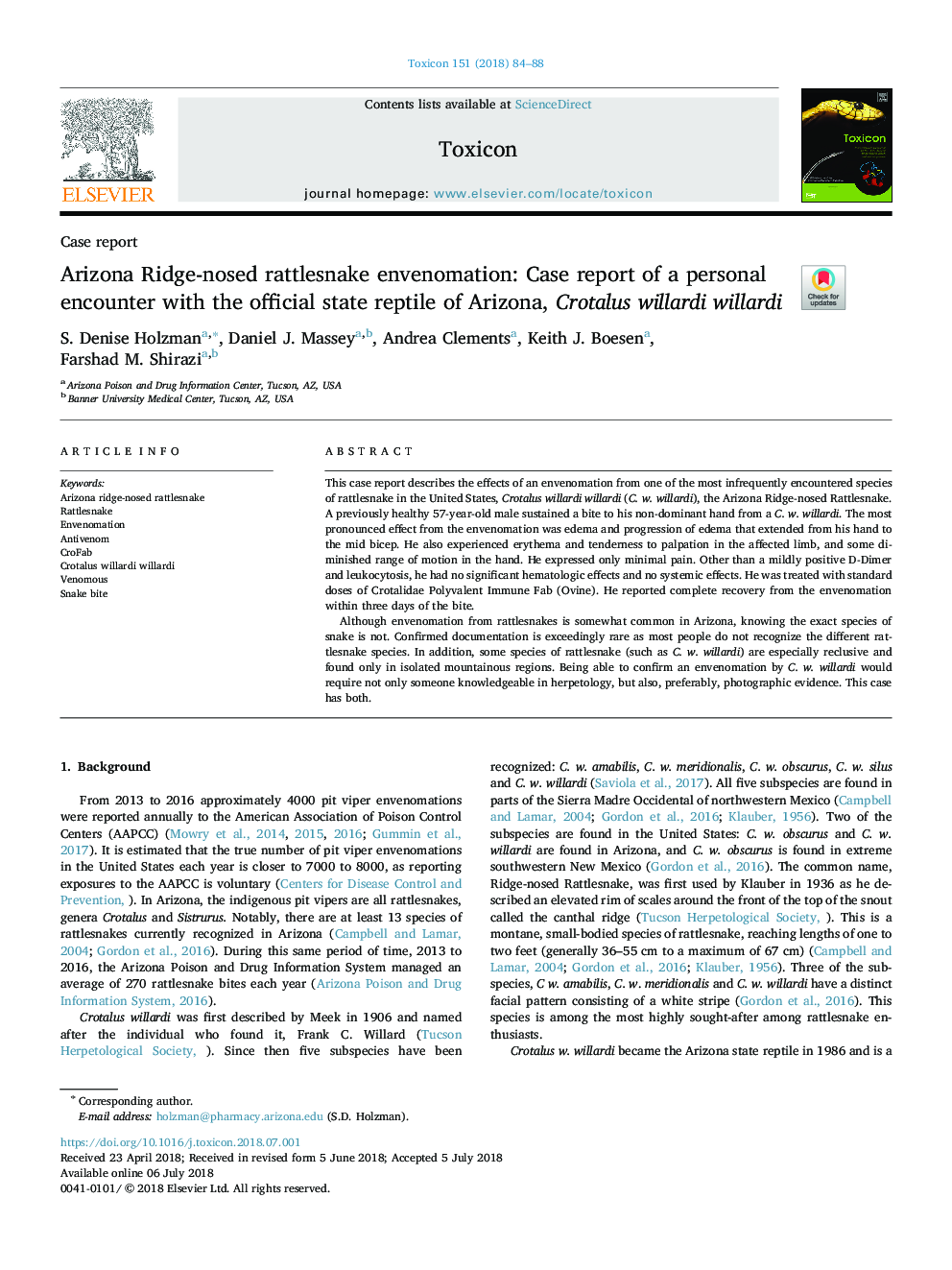 Arizona Ridge-nosed rattlesnake envenomation: Case report of a personal encounter with the official state reptile of Arizona, Crotalus willardi willardi