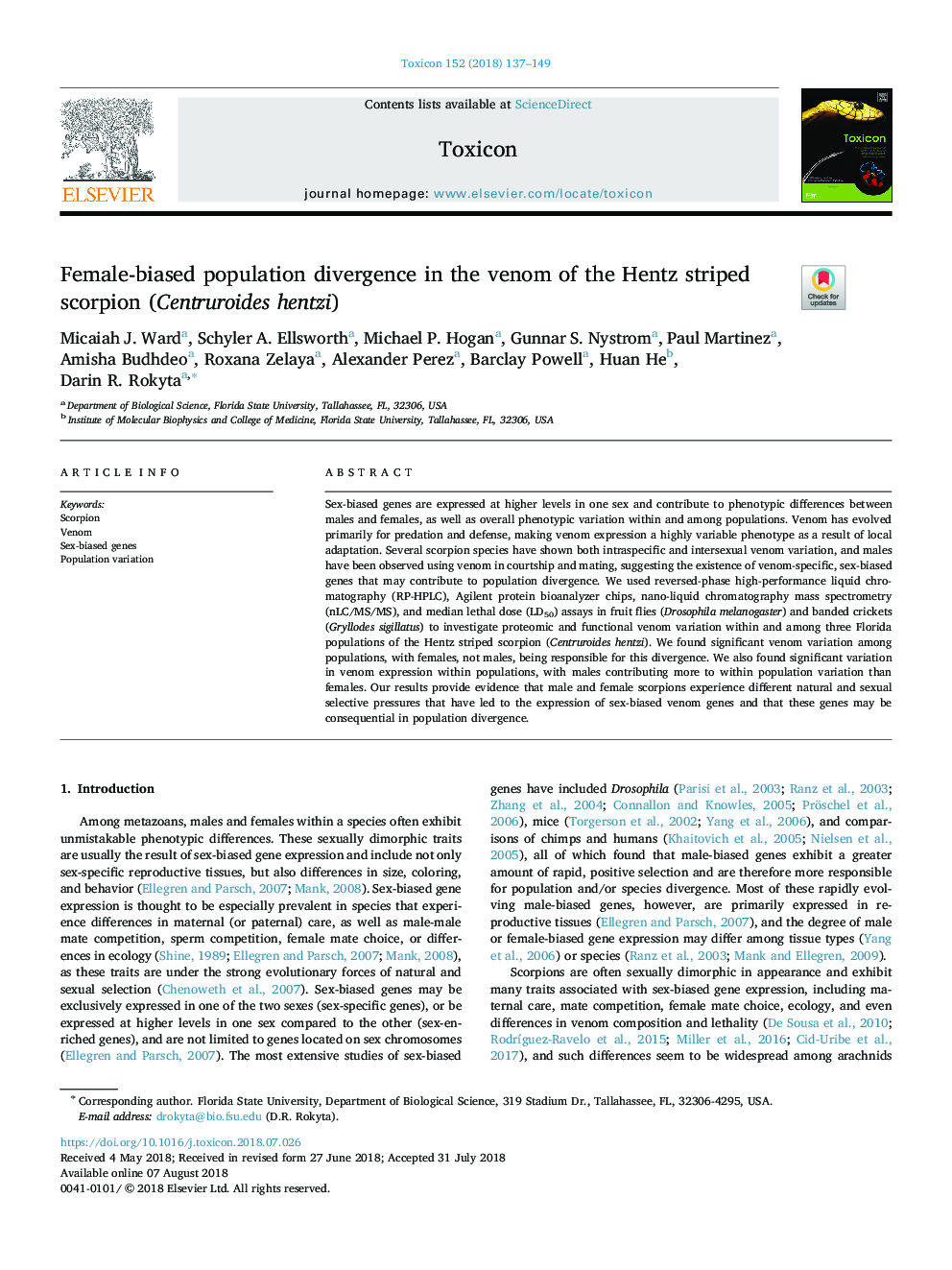 Female-biased population divergence in the venom of the Hentz striped scorpion (Centruroides hentzi)