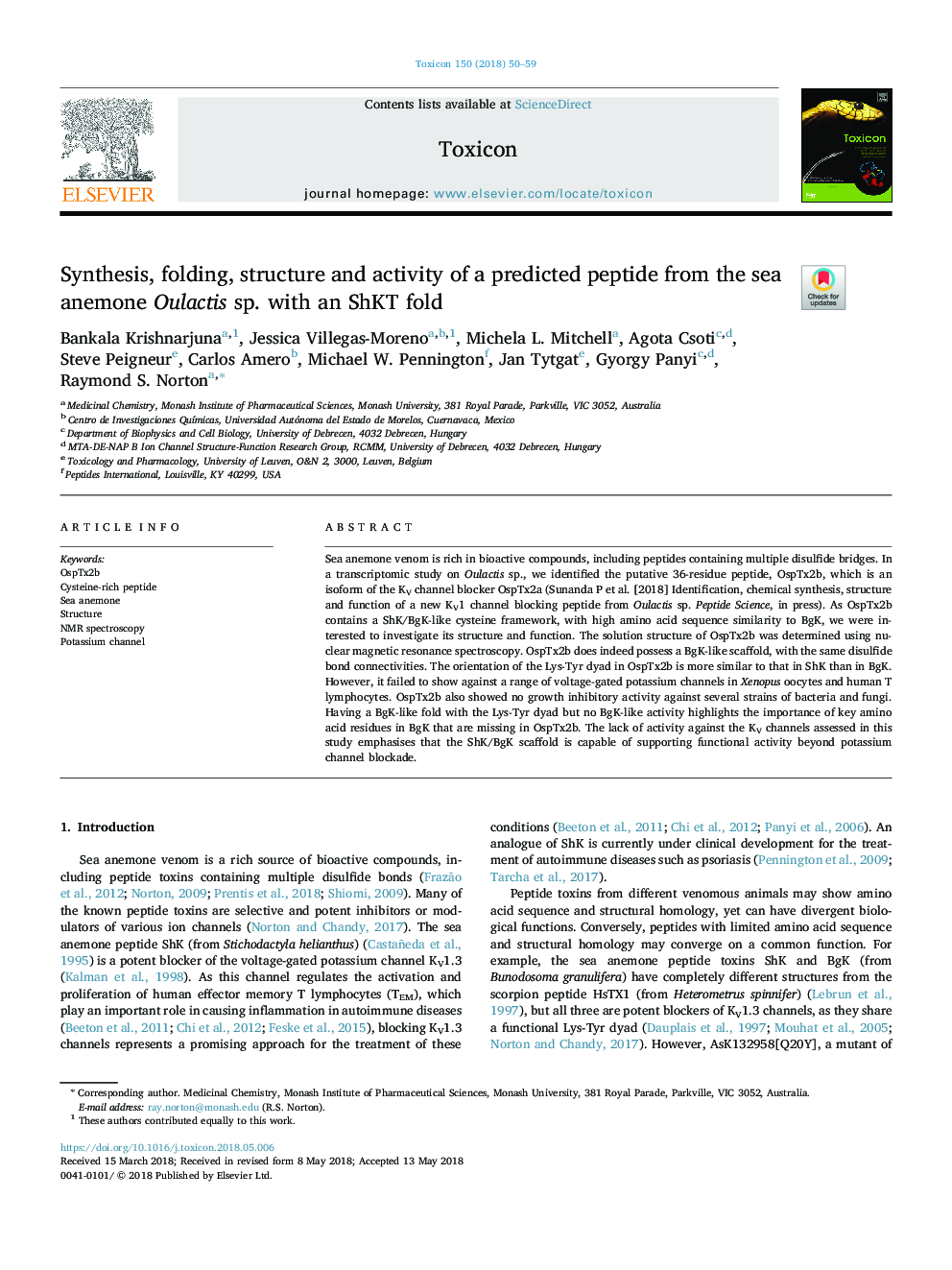 Synthesis, folding, structure and activity of a predicted peptide from the sea anemone Oulactis sp. with an ShKT fold