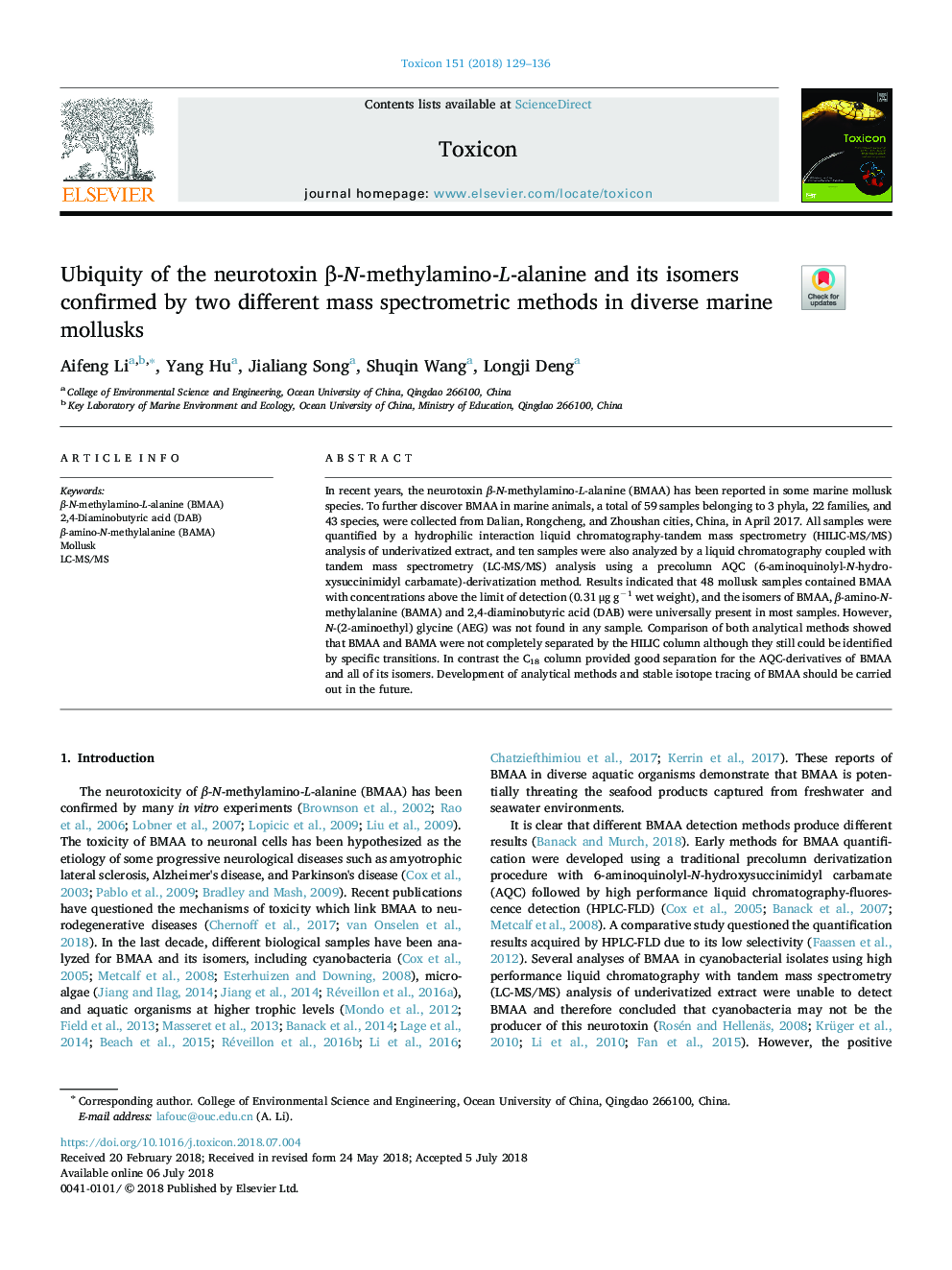 Ubiquity of the neurotoxin Î²-N-methylamino-L-alanine and its isomers confirmed by two different mass spectrometric methods in diverse marine mollusks