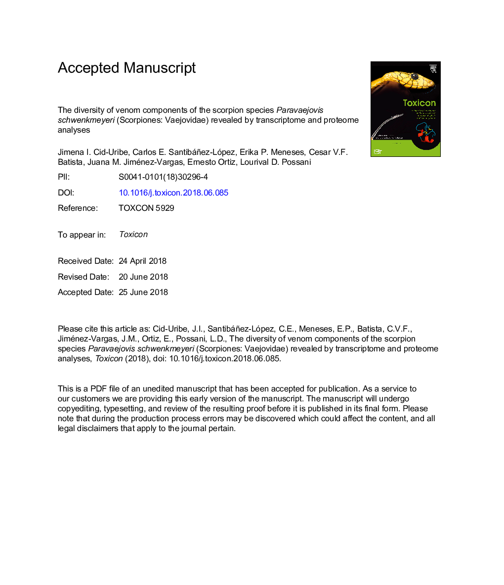 The diversity of venom components of the scorpion species Paravaejovis schwenkmeyeri (Scorpiones: Vaejovidae) revealed by transcriptome and proteome analyses