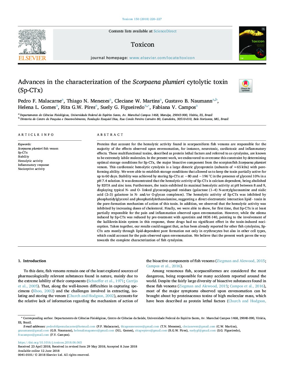 Advances in the characterization of the Scorpaena plumieri cytolytic toxin (Sp-CTx)