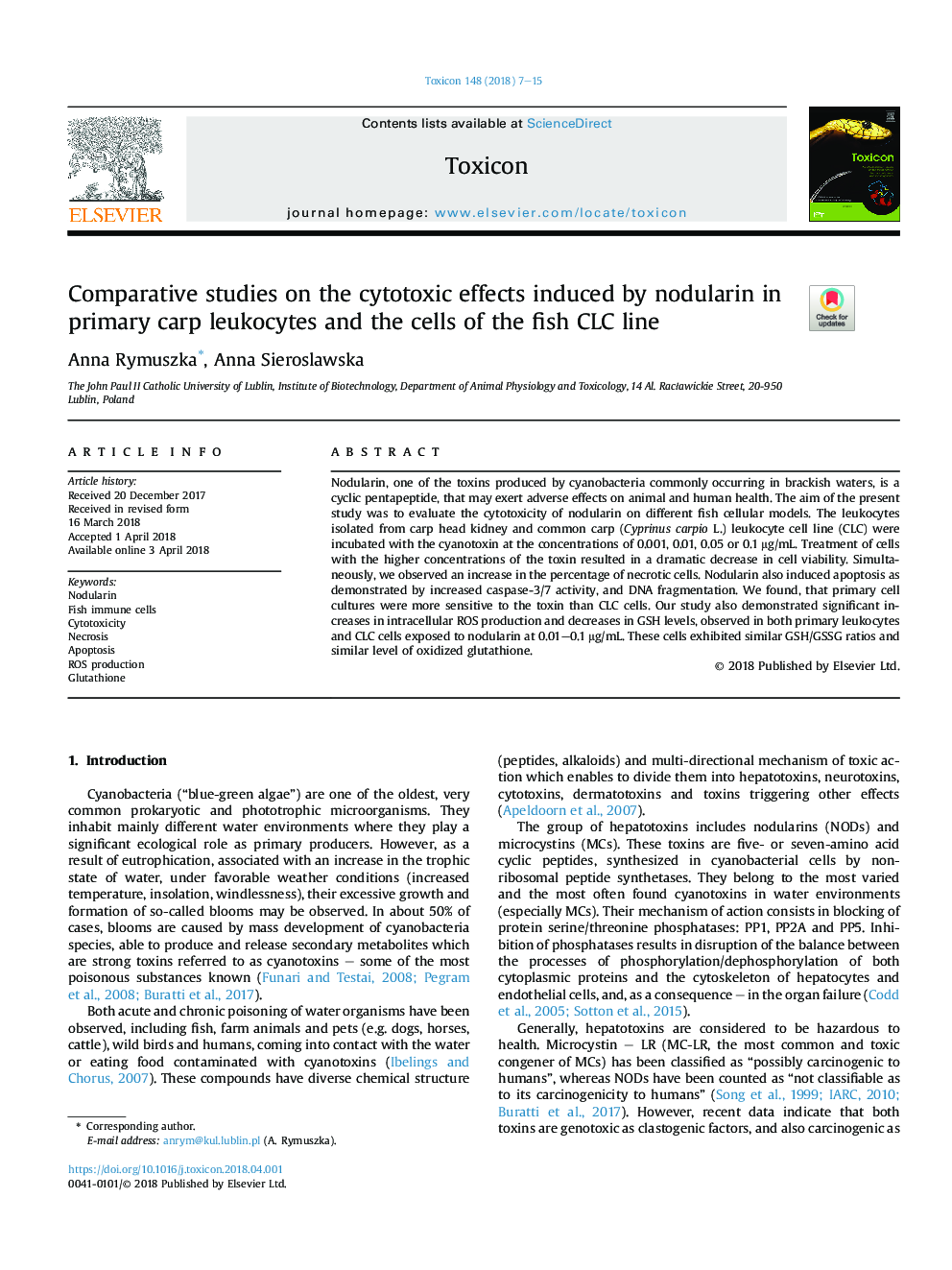 Comparative studies on the cytotoxic effects induced by nodularin in primary carp leukocytes and the cells of the fish CLC line