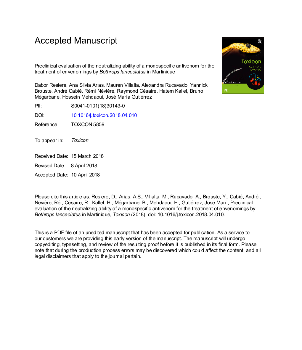 Preclinical evaluation of the neutralizing ability of a monospecific antivenom for the treatment of envenomings by Bothrops lanceolatus in Martinique