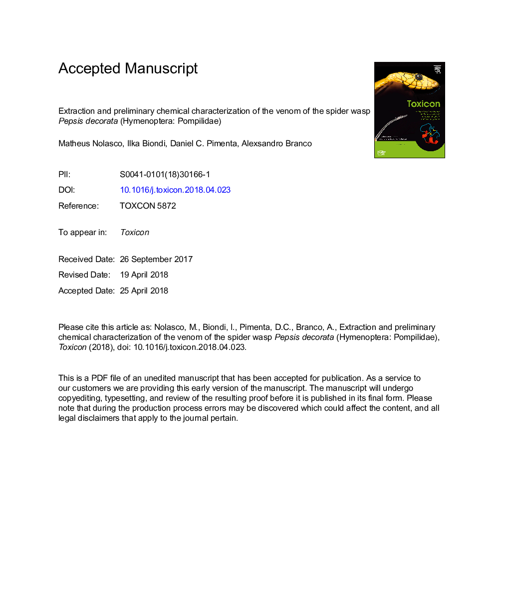 عکس صفحه اول مقاله: Extraction and preliminary chemical characterization of the venom of the spider wasp Pepsis decorata (Hymenoptera: Pompilidae) Extraction and preliminary chemical characterization of the venom of the spider wasp Pepsis decorata (Hymenoptera: Pompilidae)