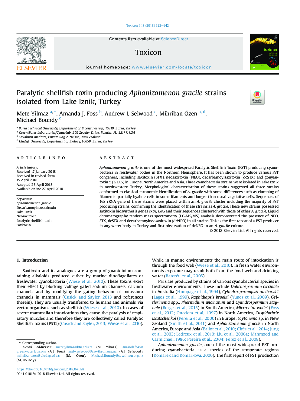 Paralytic shellfish toxin producing Aphanizomenon gracile strains isolated from Lake Iznik, Turkey