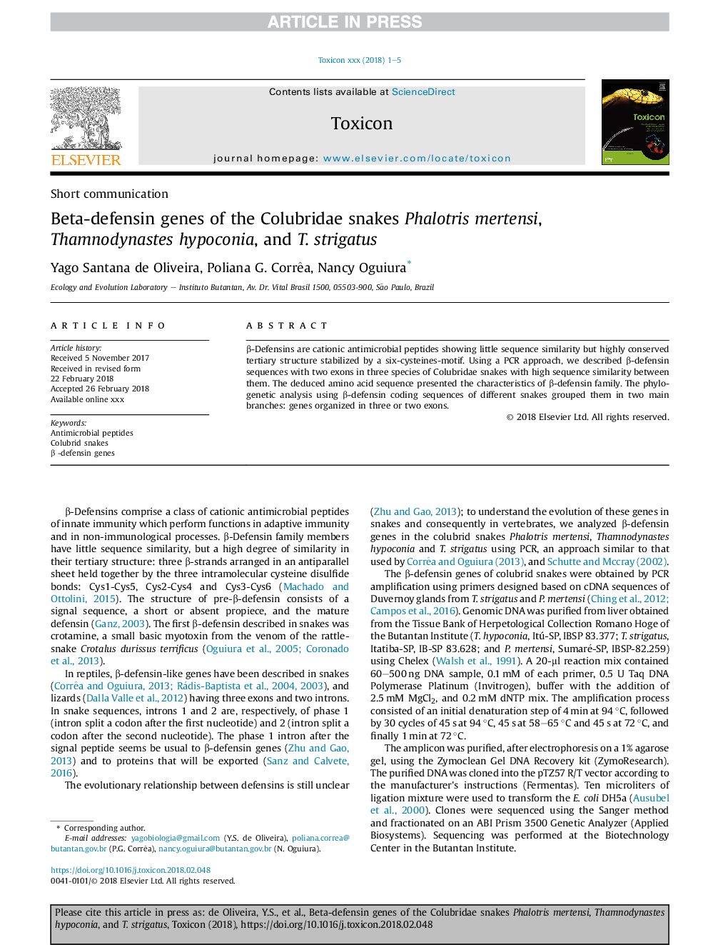 Beta-defensin genes of the Colubridae snakes Phalotris mertensi, Thamnodynastes hypoconia, and T.Â strigatus