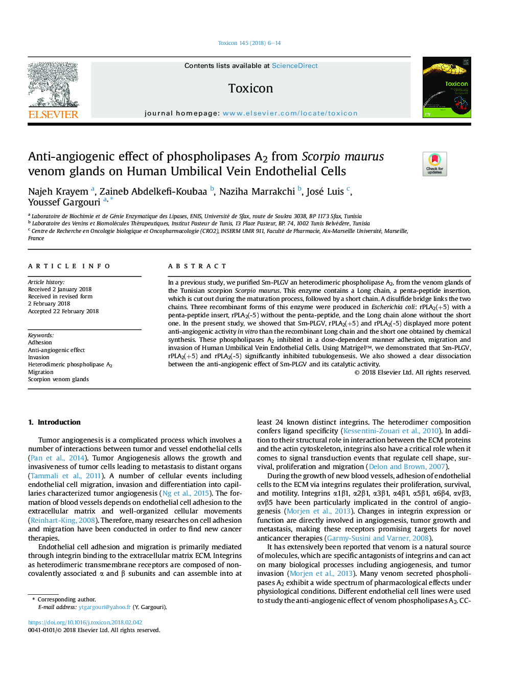 Anti-angiogenic effect of phospholipases A2 from Scorpio maurus venom glands on Human Umbilical Vein Endothelial Cells