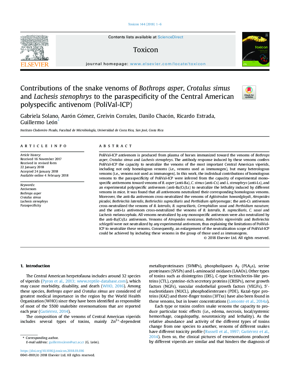 Contributions of the snake venoms of Bothrops asper, Crotalus simus and Lachesis stenophrys to the paraspecificity of the Central American polyspecific antivenom (PoliVal-ICP)